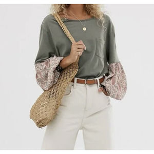 Free People We the Free Green Balloon Sleeve Pocket Tee Size M